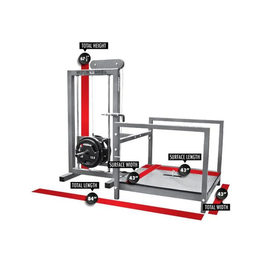 Silver frame version of the Legend Fitness 3217 Belt Squat Machine, with dimensions labeled on the image, showcasing its durable construction and wide platform for versatile lower-body exercises in home and commercial gyms.