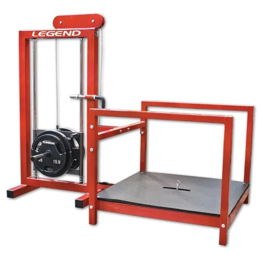 Red frame version with weight plates of the Legend Fitness 3217 Belt Squat Machine on a white background, highlighting its robust design and wide platform, ideal for performing various lower-body exercises in both home and commercial gyms.
