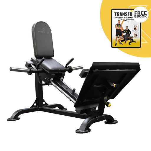 Side view from the front of the Powertec Compact Leg Sled P-CLS23 with a free ebook graphic displayed, showcasing the compact leg press design.