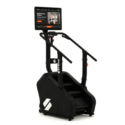 STEPR+ Stair Climber with 27" HD touchscreen and floating step design, compact and space-saving for home use, shown on a white background.
