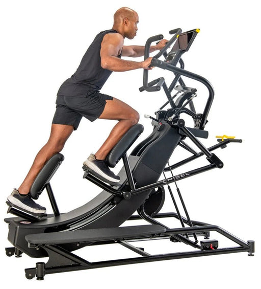 Chisel Challenger full-body strength and cardio machine, showcasing its 3-in-1 functionality with adjustable angles and a Bluetooth-enabled console, ideal for commercial and home gyms showing stair climber position