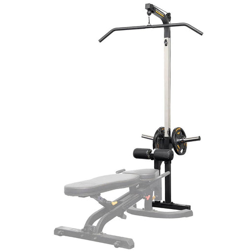 Workbench Lat Tower Attachment WB-LTA shown with bench and weight plates