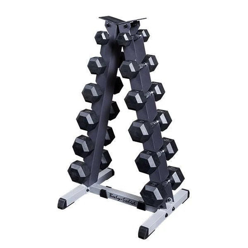 Body-Solid Rubber Hex Dumbbell 5-30lb Vertical Package with full set of dumbbells and compact vertical rack, ideal for organized strength training in small spaces.