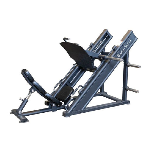 Angled side view hero image of the Body-Solid Pro Clubline SGLP500 Angled Leg Press, highlighting the large footplate, sealed linear bearings, and plate-loaded design.