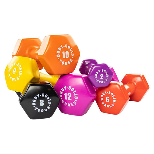 Body-Solid Tools Vinyl Dumbbells in multiple sizes arranged together