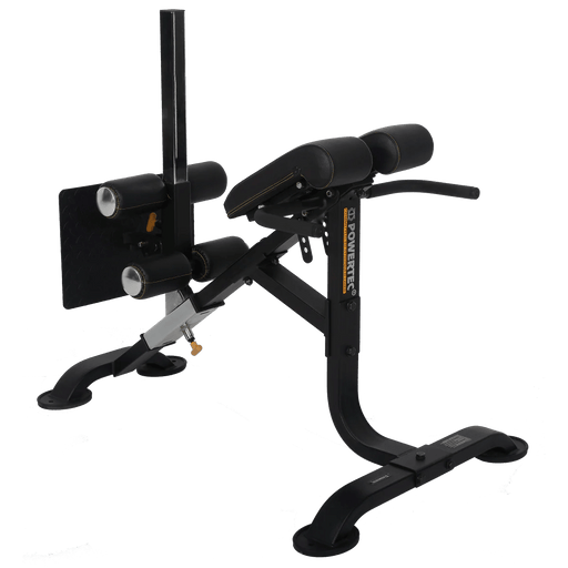 Powertec Dual Hyperextension-Crunch P-HC20 – hero image showing use as ab crunch bench or 45-degree hyperextension Roman chair.