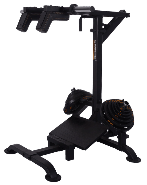 Powertec Levergym Squat/Calf Machine L-SC19 with weights stored on included weight plate storage horns.
