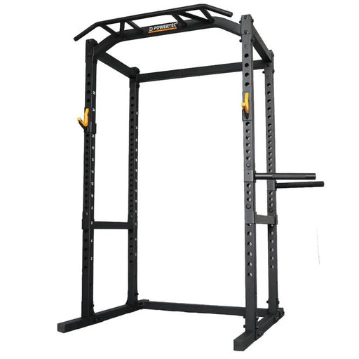 Powertec Workbench Power Rack WB-PR19 black with dip handle attachment for upper body exercises.