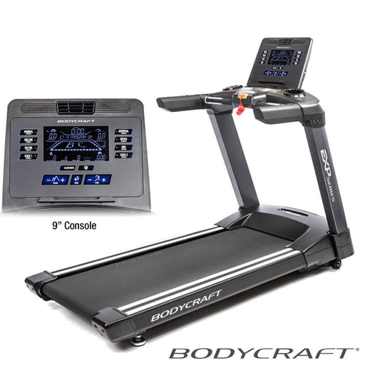 Bodycraft T800 Treadmill on a white background with zoomed-in image of 9" console showing advanced features and controls.