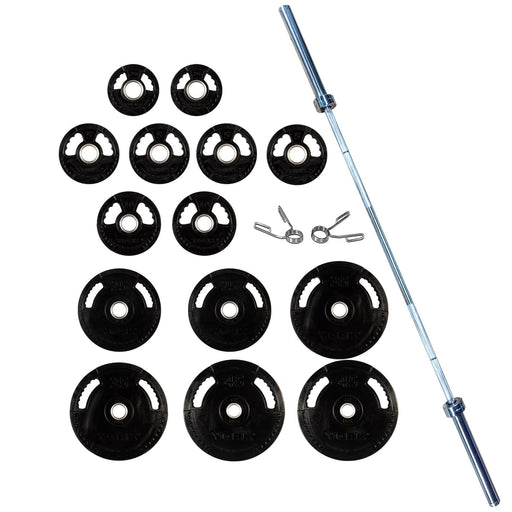 Close-up of the YORK® G2 Rubber Olympic Weight Plates with an interlocking design, displayed with the 7’ Olympic Barbell, perfect for home gyms and commercial use.