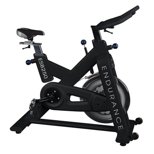 Side view of the Body Solid Endurance ESB250 Indoor Stationary Bike with a sleek design, balanced flywheel, and sturdy steel frame on a white background.
