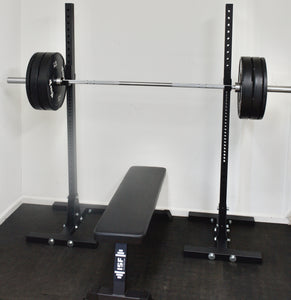ISF Indy Home Gym Package: Independent Squat Stands Barbell Bumper Plates Utility Bench