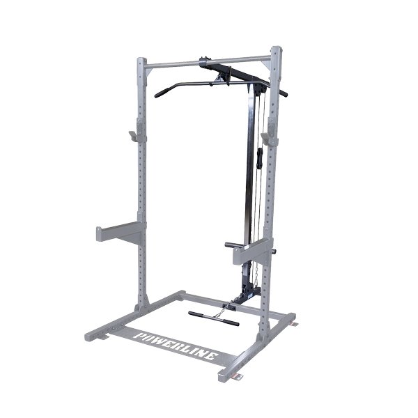 Powerline Half Rack PPR500 with lat attachment and low row featuring a cable system for upper and lower body exercises, set up in a home gym for versatile workouts.